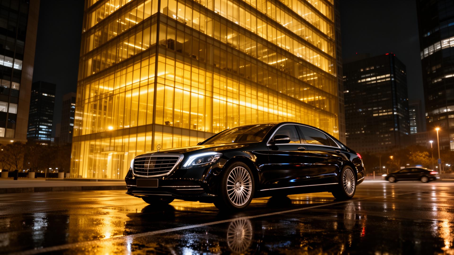 Luxury chauffeur sedan parked outside a glass-and-gold corporate tower at night