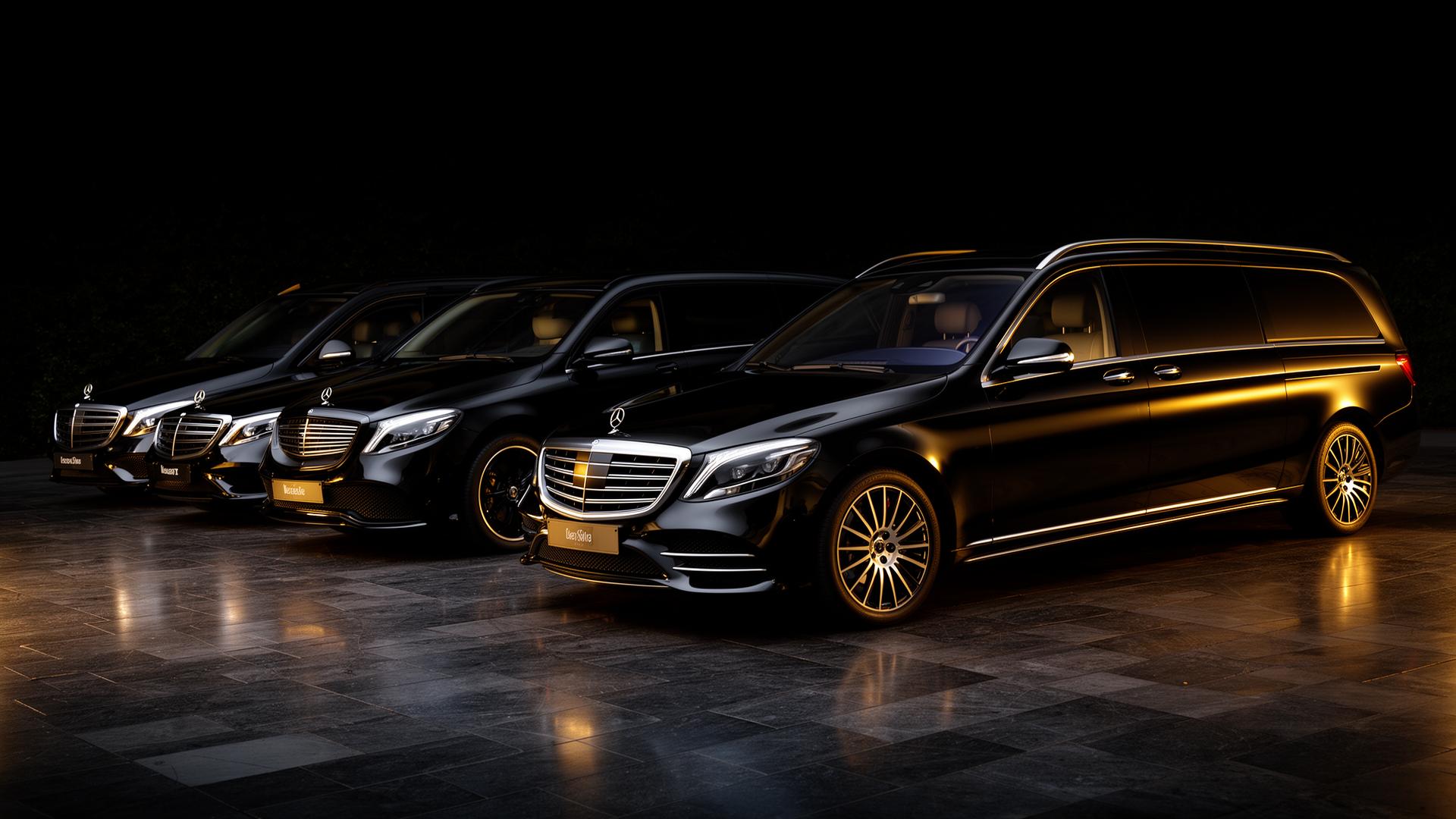 A line-up of black Mercedes chauffeur vehicles under dramatic lighting
