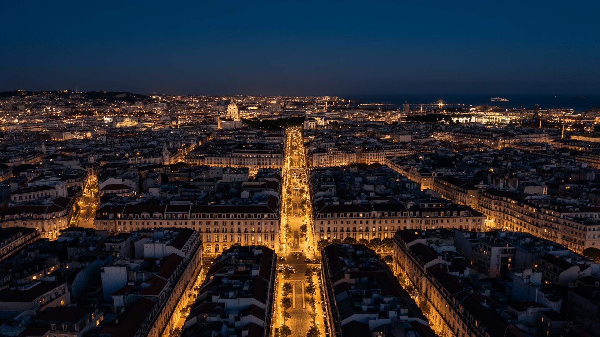 Aerial night view of a luminous European city skyline